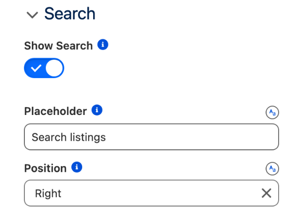 The Search section: Show Search on, Placeholder Search listings, Position Right