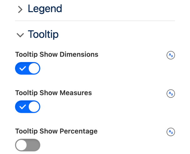 The Tooltip section: Tooltip Show Dimensions on, Tooltip Show Measures on, Tooltip Show Percentage off, under the collapsed Legend section