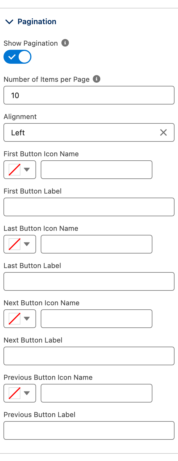 Pagination Attributes with Show Pagination on and Number of Items per Page set to 10