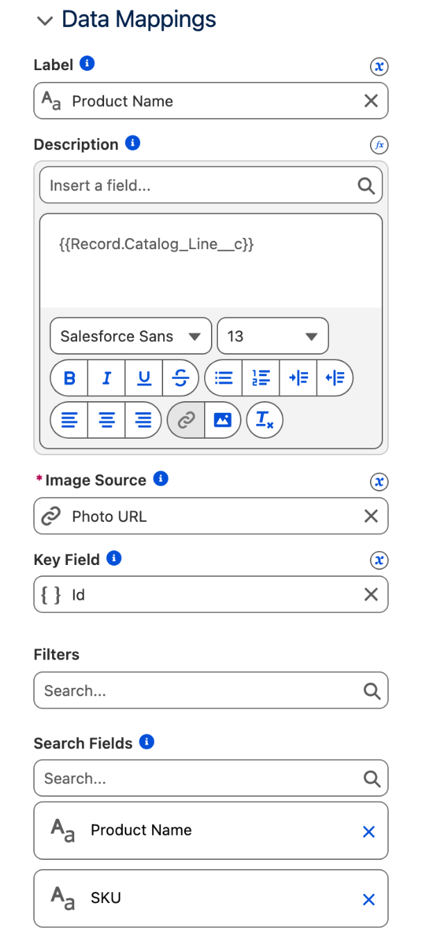 The Data Mappings section: Label Product Name, Description holding the Catalog Line merge field in the rich text editor, Image Source Photo URL, Key Field Id, Search Fields Product Name and SKU