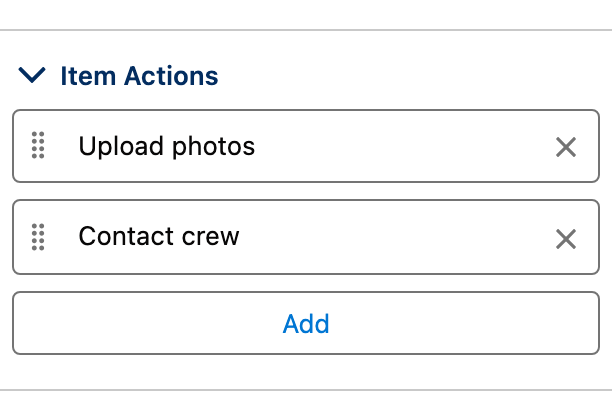 The item Actions editor with Upload photos and Contact crew