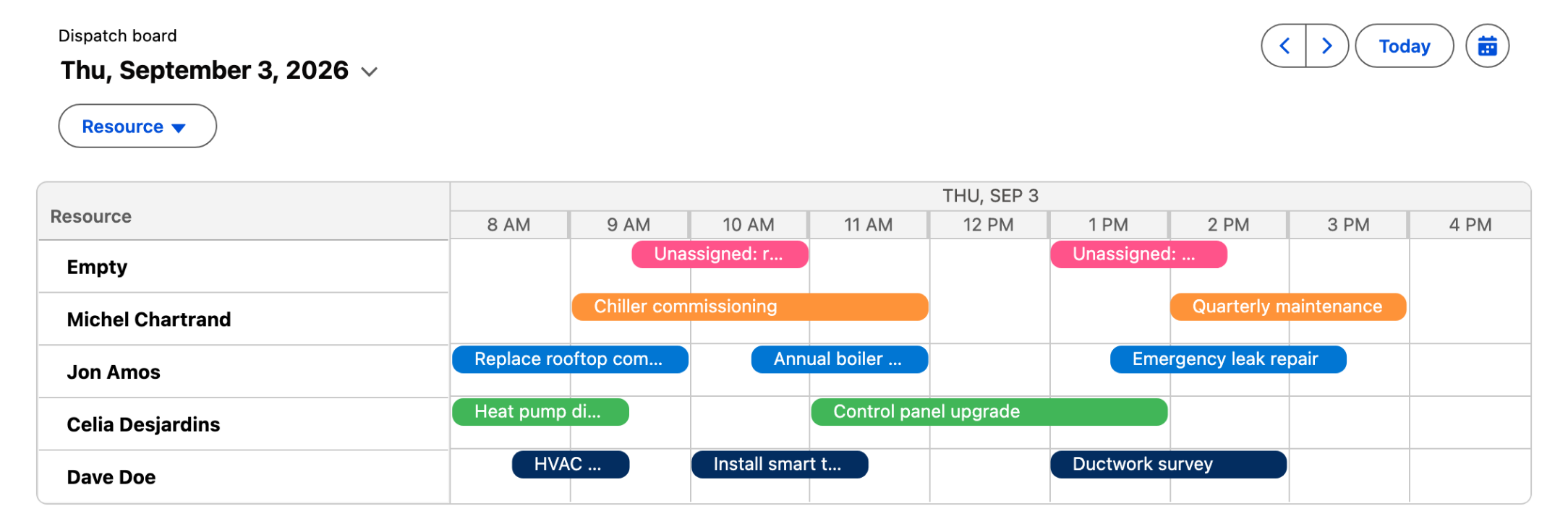 The Scheduler timeline alone: an unassigned row above Michel Chartrand, Jon Amos, Celia Desjardins and Dave Doe, each job showing its full name in a coloured bar between 8 AM and 4 PM