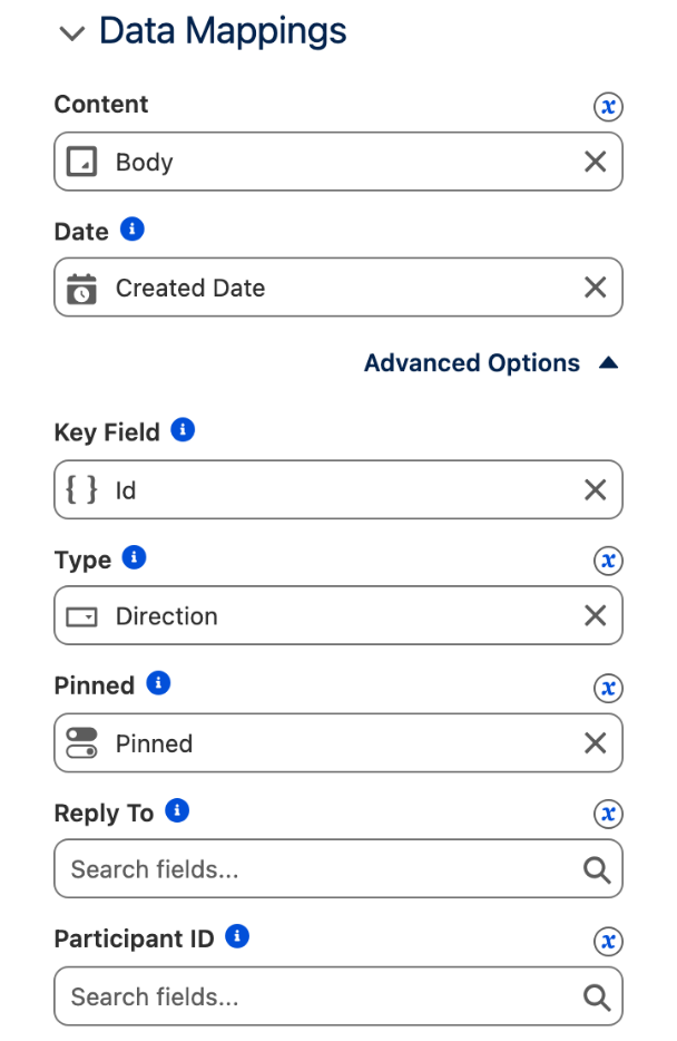 The Data Mappings section with Advanced Options expanded: Content Body, Date Created Date, Key Field Id, Type Direction, Pinned mapped to the Pinned field, Reply To and Participant ID empty