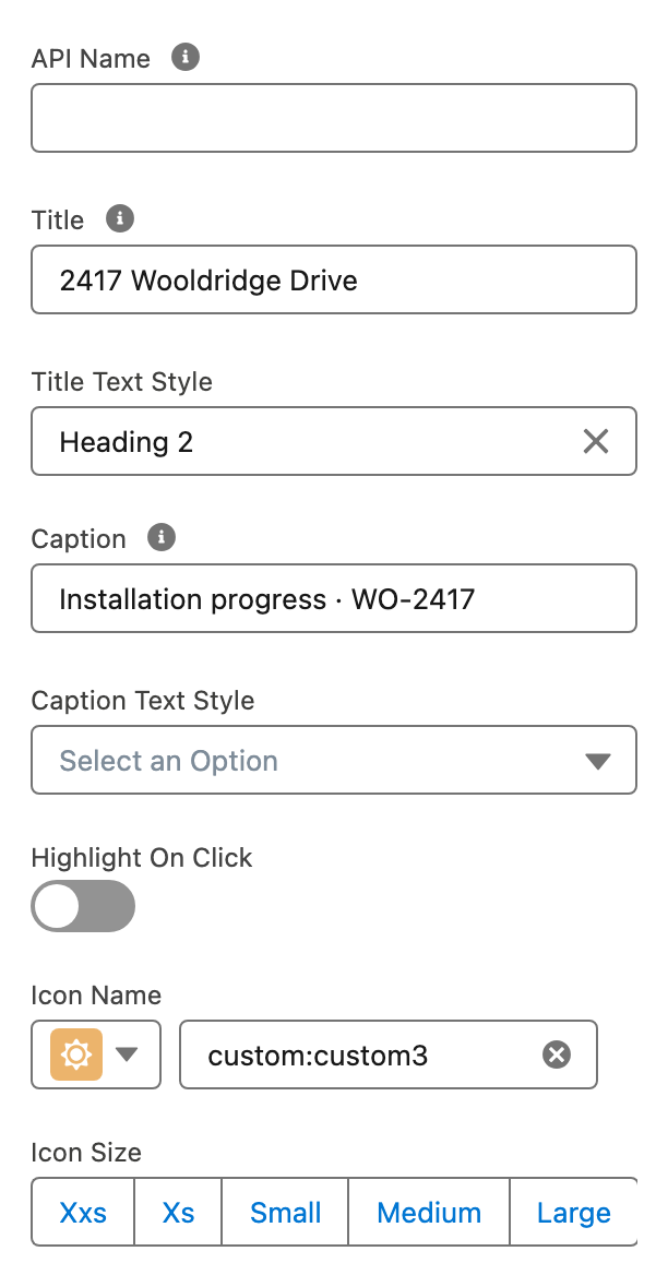 The top of the Settings tab: Title 2417 Wooldridge Drive, Title Text Style Heading 2, Caption Installation progress WO-2417, Icon Name custom:custom3