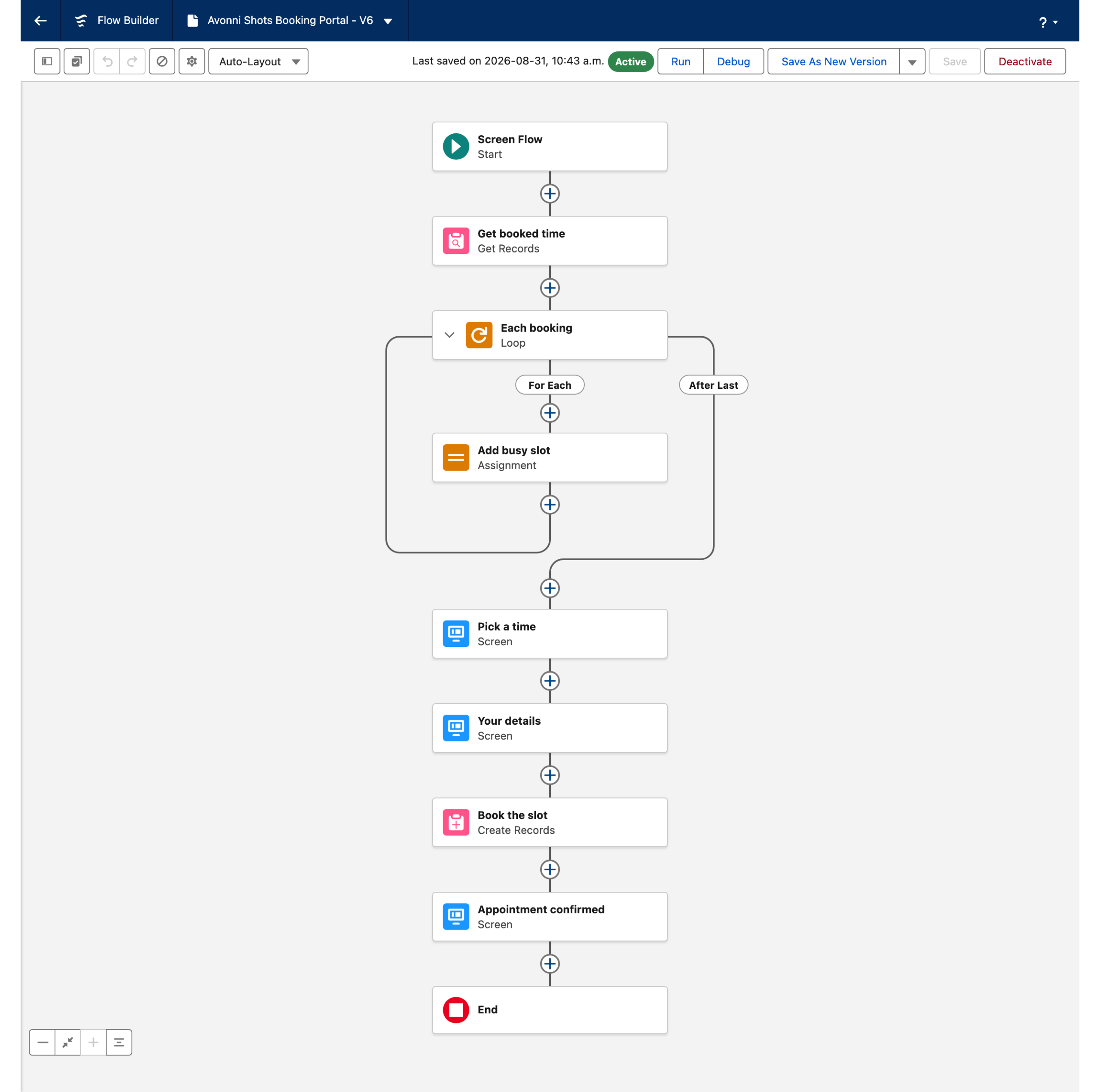 A flow canvas: Start, Get booked time, an Each booking loop containing Add busy slot, then screens Pick a time and Your details, then Book the slot and Appointment confirmed