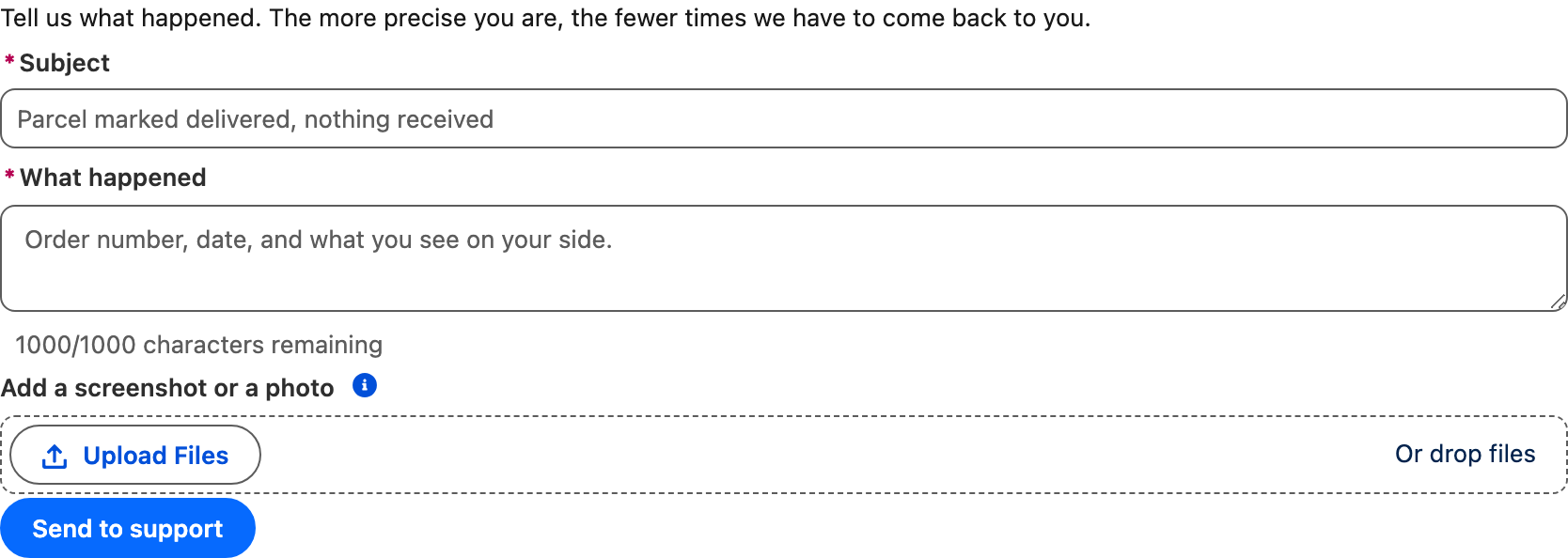 The case form with a subject field, a plain description field with a character count, a file upload area and a Send to support button