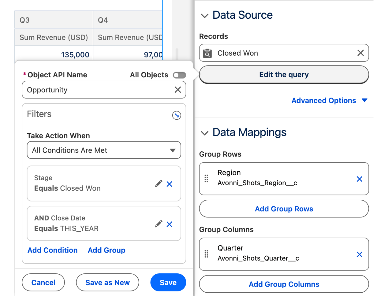 The query editor popover for the Opportunity object with the two filter conditions, Stage equals Closed Won and Close Date equals THIS_YEAR