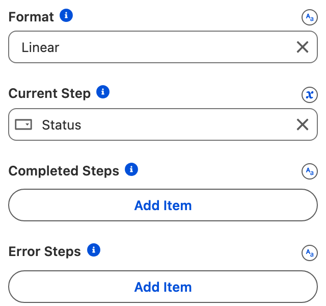 The Progress Indicator settings: Format set to Linear and Current Step bound to the Status field, marked with the expression icon