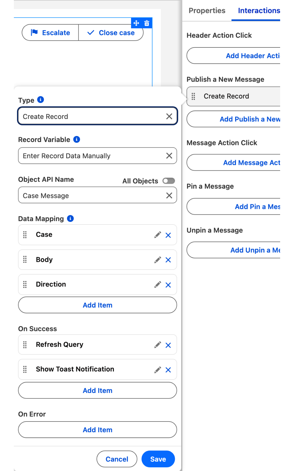 The Interactions tab with the Create Record interaction open on Publish a New Message: Object Case Message, the Case, Body and Direction mappings, and Refresh Query then Show Toast Notification on success