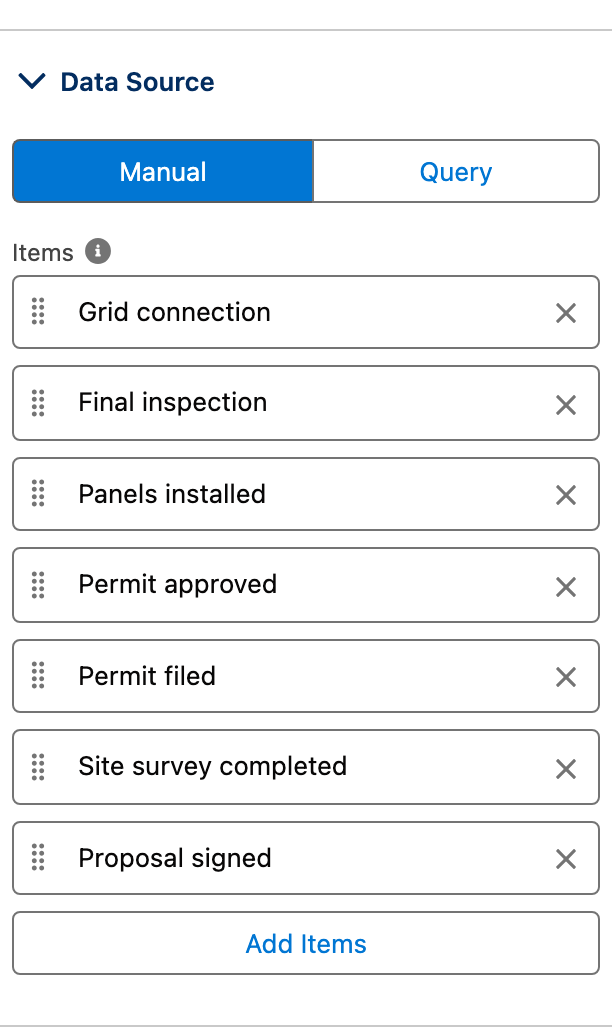 The Items editor with Data Source on Manual and the seven installation steps listed, followed by Add Items