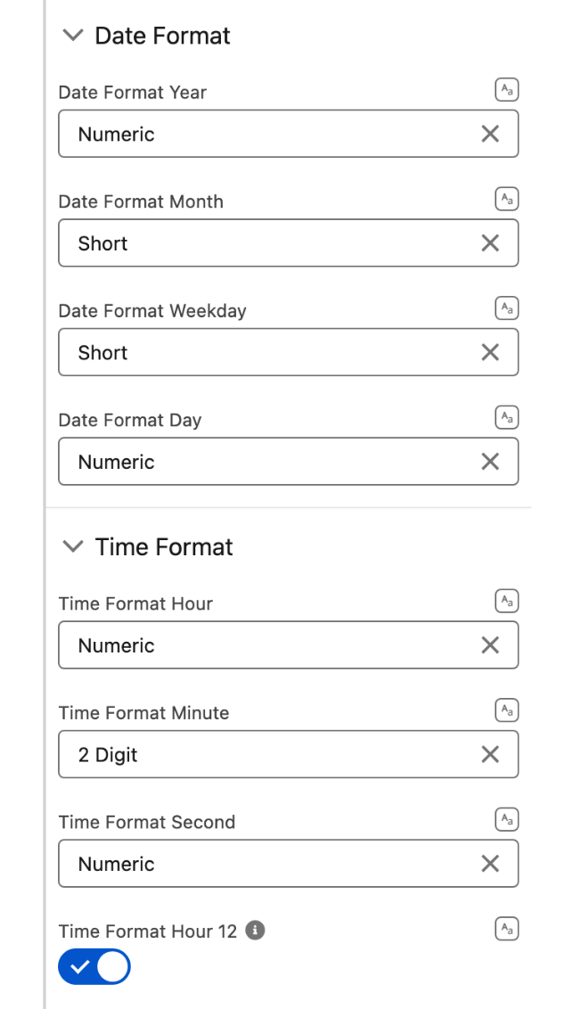 The Date Format section with Year Numeric, Month Short, Weekday Short, Day Numeric, and the Time Format section with Hour Numeric, Minute 2 Digit, Second Numeric, Hour 12 on