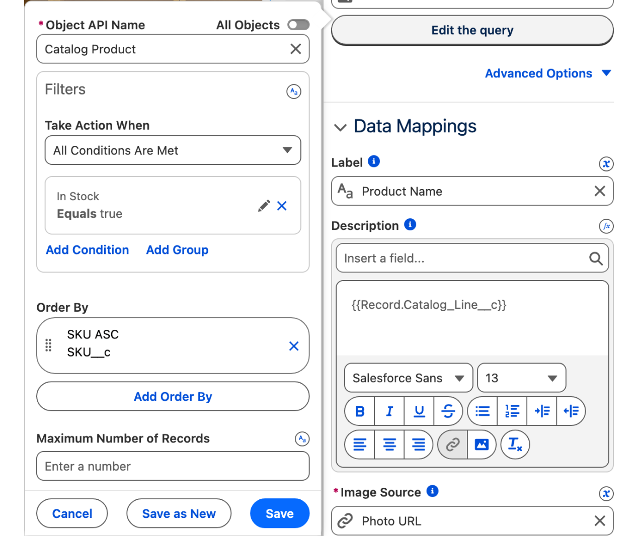 The query editor popover for the Catalog Product object: In Stock equals true, Order By SKU ascending