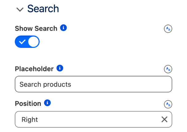 The Search section: Show Search on, Placeholder Search products, Position Right