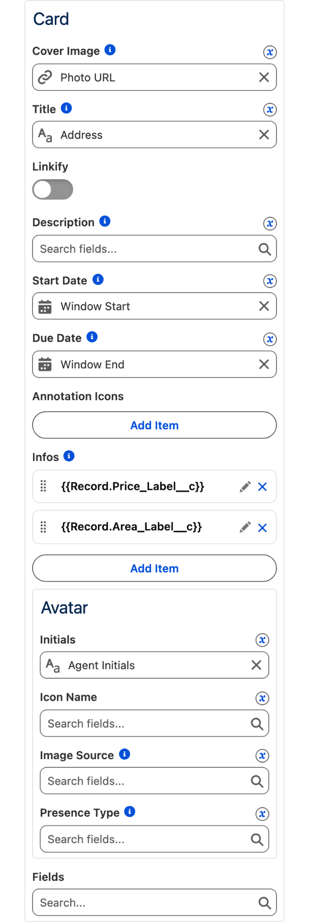 The Card block of Data Mappings: Cover Image Photo URL, Title Address, Start Date Window Start, Due Date Window End, two Infos entries and the Avatar Initials mapping