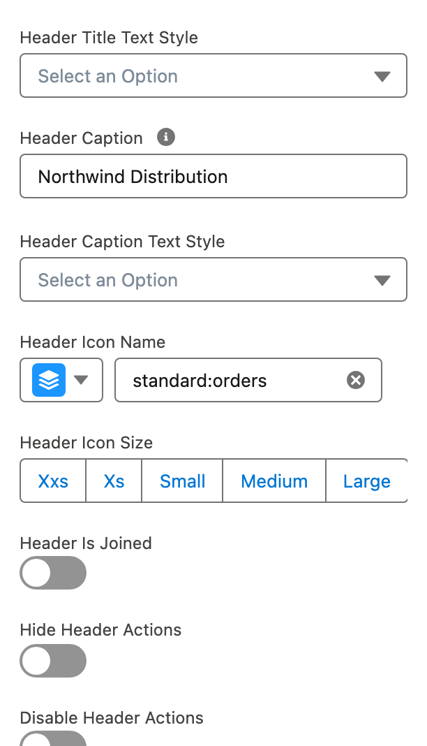 Title My orders, Caption Northwind Distribution, Icon Name standard:orders, Visible Header Actions Buttons 2, and the Header Actions editor with Export CSV and New order