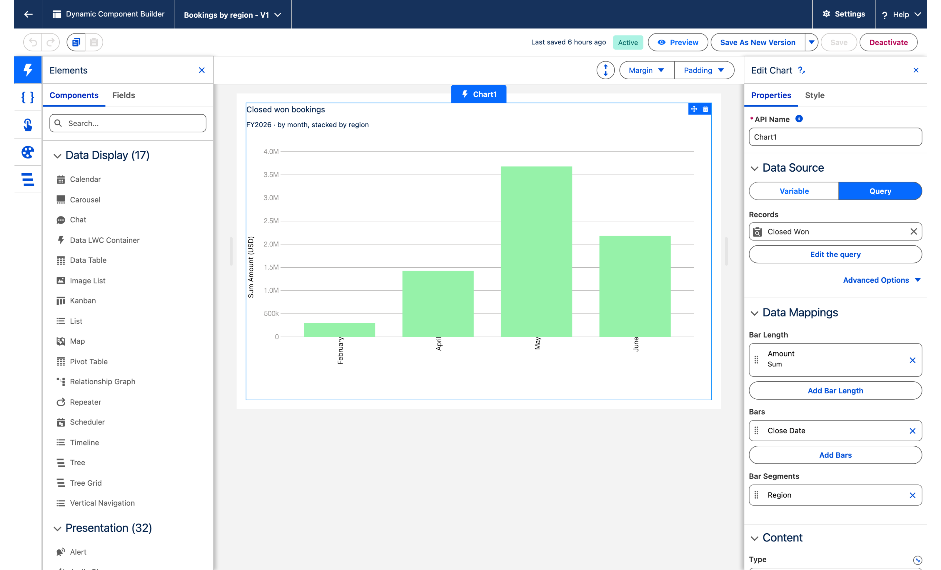 The Dynamic Component builder with the Chart selected on the canvas and its Edit Chart panel on the right