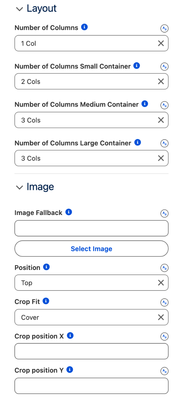 The Layout section with 1 Col, 2 Cols, 3 Cols and 3 Cols, and the Image section with Position Top and Crop Fit Cover