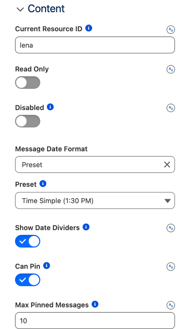 The Content section: Current Resource ID lena, Message Date Format Preset, Preset Time Simple (1:30 PM), Show Date Dividers on, Can Pin on, Max Pinned Messages 10