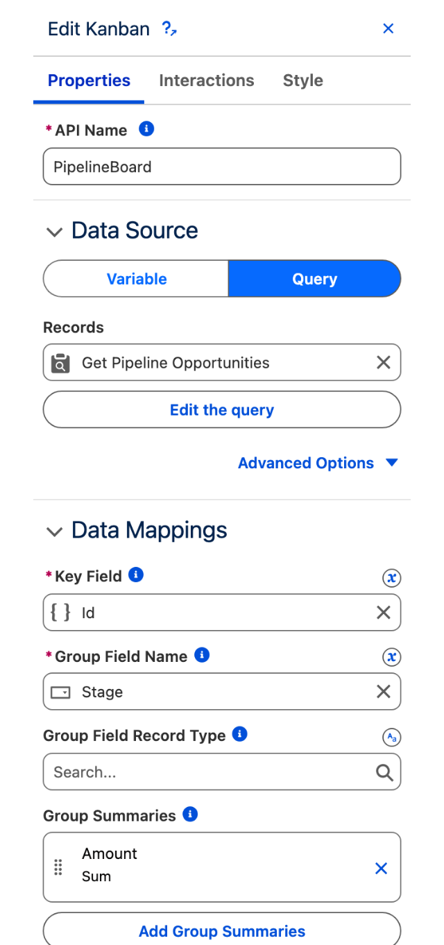 The Edit Kanban panel on the Properties tab, showing the Query data source, and Data Mappings with Key Field Id, Group Field Name Stage, and a Group Summaries entry reading Amount, Sum