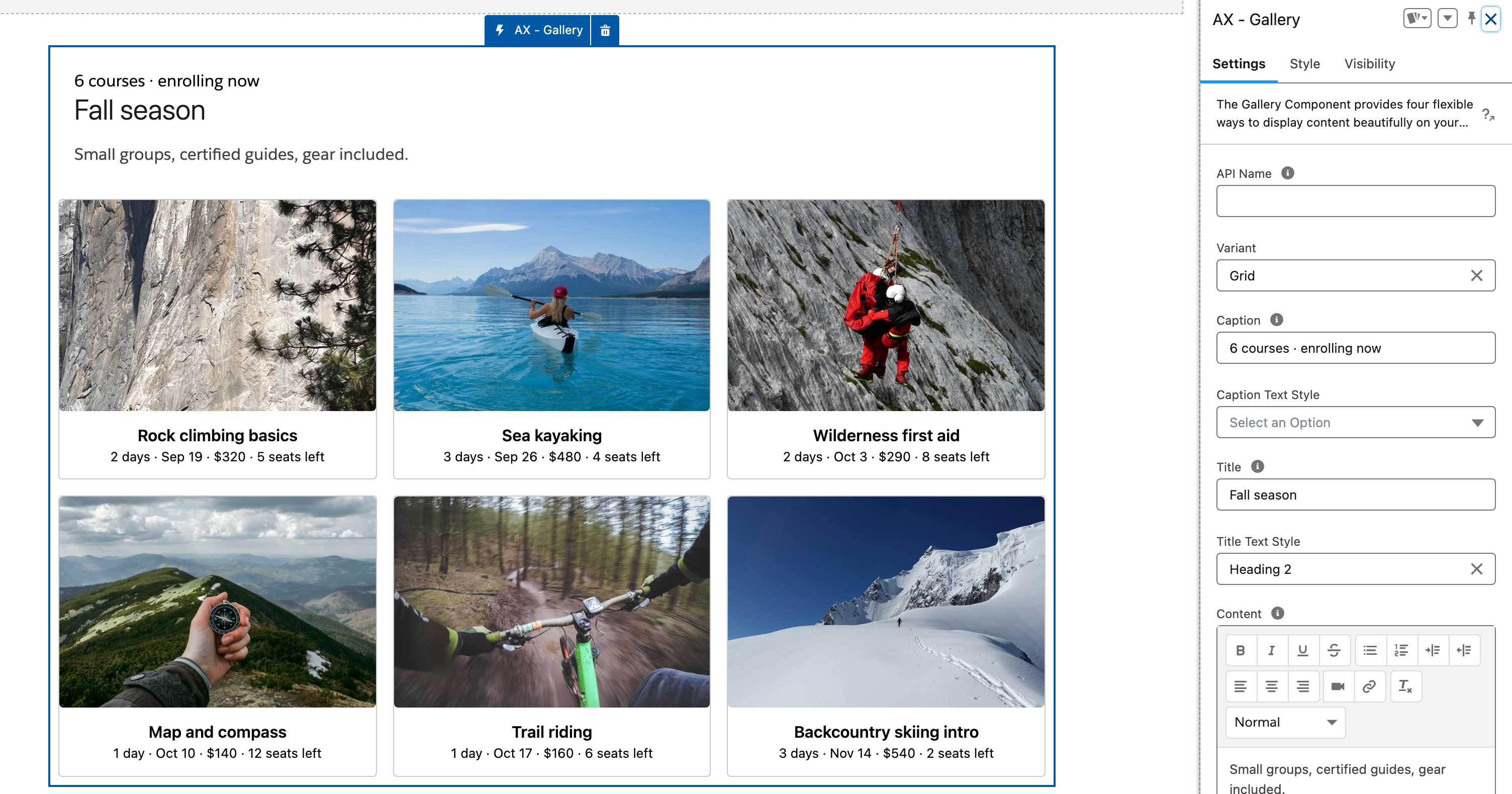 Experience Builder with the Gallery selected on the canvas, its six course tiles, and the AX - Gallery properties panel open on Settings