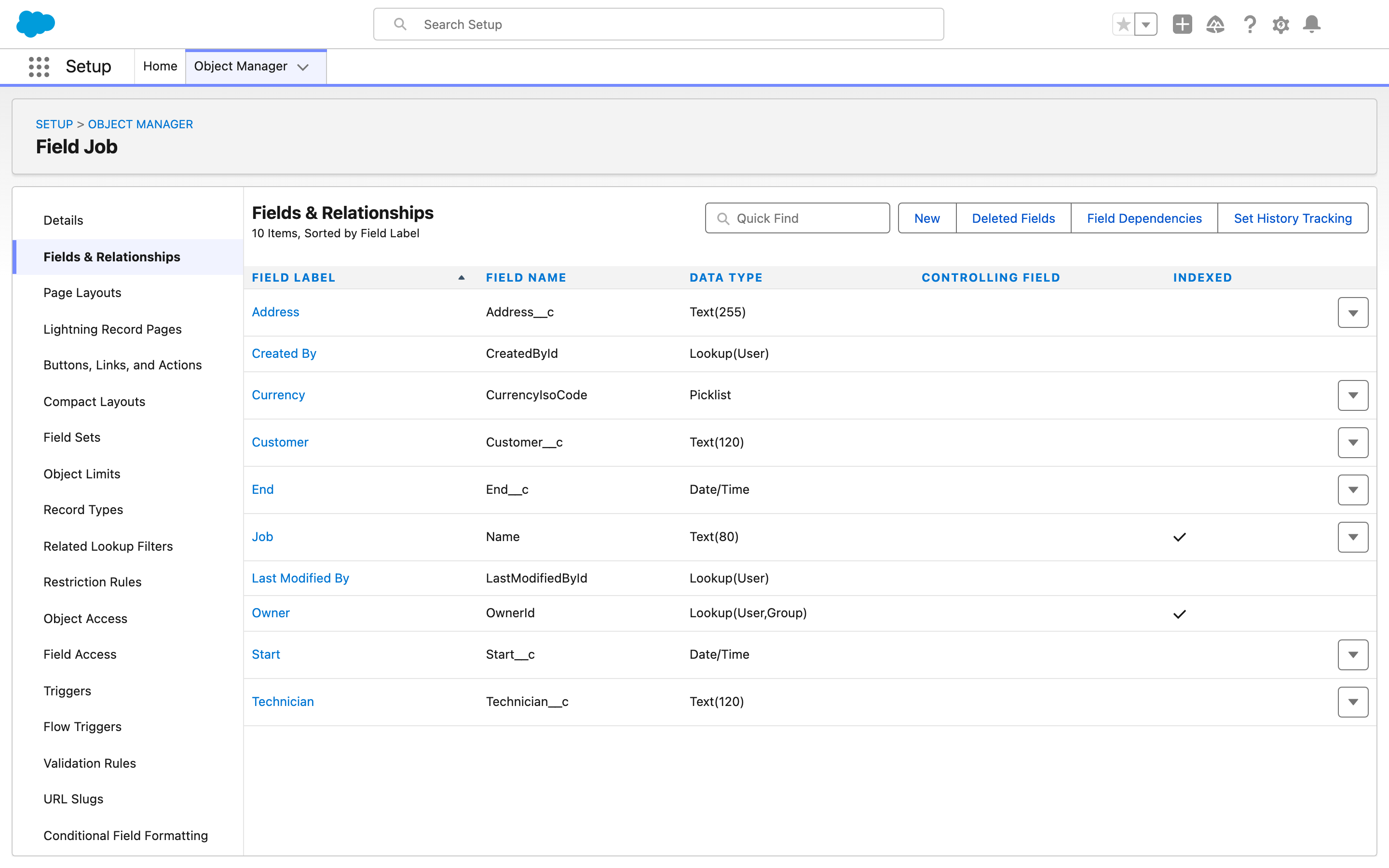 Setup, Object Manager, the Field Job object on Fields and Relationships, with Technician, Start, End, Customer and Address