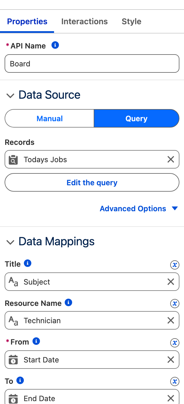 The Scheduler Properties tab showing the Query data source, the Todays Jobs record set, and the Data Mappings for Title, Resource Name, From and To