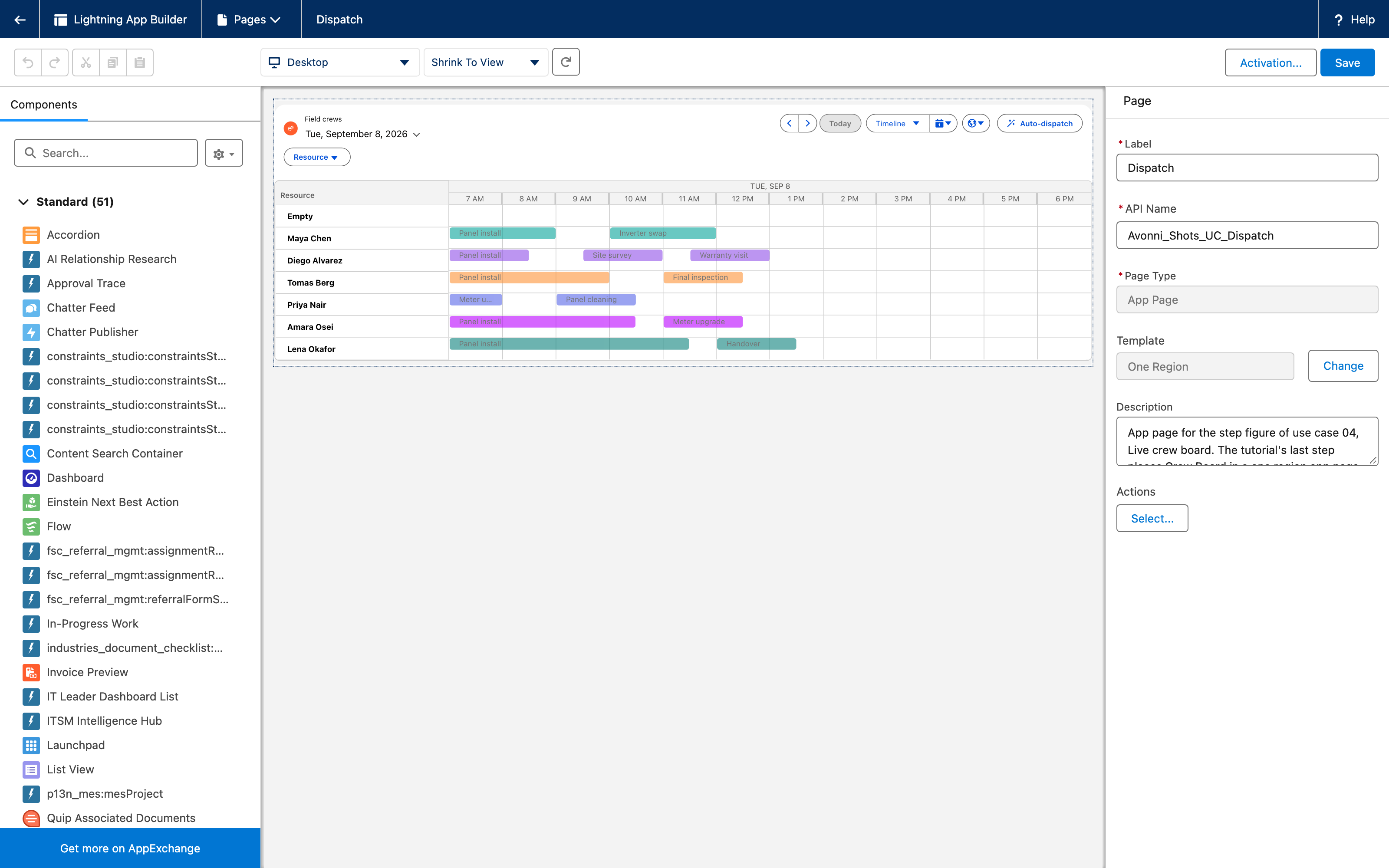 Lightning App Builder with Crew Board on a one region app page: the timeline for Tuesday September 8, 7 AM to 6 PM, and the page rail on Dispatch, App Page, One Region