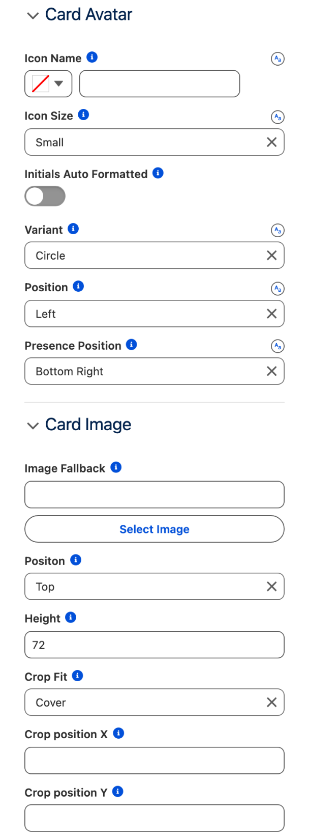 The Card Avatar section with Icon Size Small, Variant Circle and Position Left, and the Card Image section with Position Top, Height 72 and Crop Fit Cover