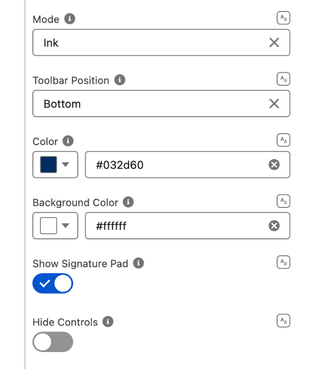 The Properties tab: Mode Ink, Toolbar Position Bottom, Color #032d60, Background Color #ffffff, Show Signature Pad on, Hide Controls off