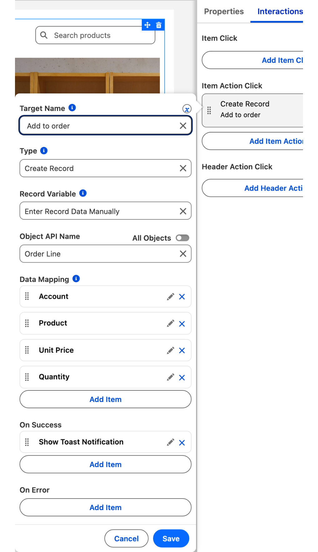 The Interactions tab with the Create Record interaction open: Target Name Add to order, Type Create Record, Record Variable Enter Record Data Manually, Object Order Line, the four field mappings and a Show Toast Notification on success