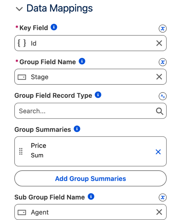 The Data Mappings section: Key Field Id, Group Field Name Stage, Group Summaries Price Sum, Sub Group Field Name Agent