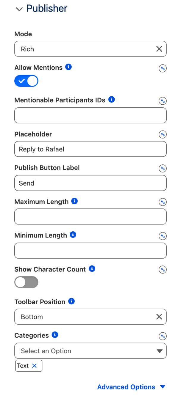 The Publisher section: Mode Rich, Allow Mentions on, Placeholder Reply to Rafael, Publish Button Label Send, Toolbar Position Bottom, Categories Text