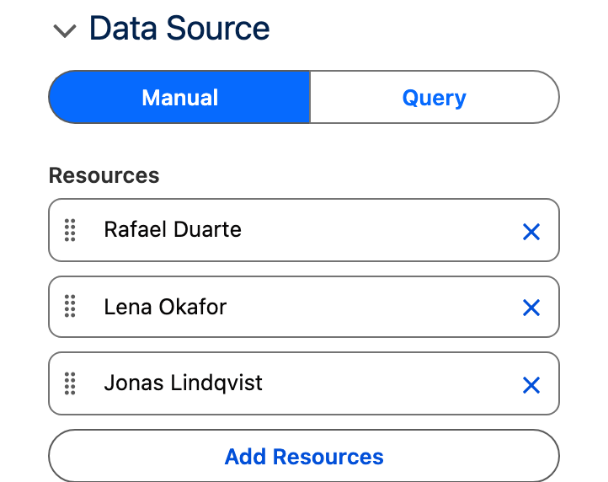 The Data Source section on Manual with the Resources list: Rafael Duarte, Lena Okafor, Jonas Lindqvist