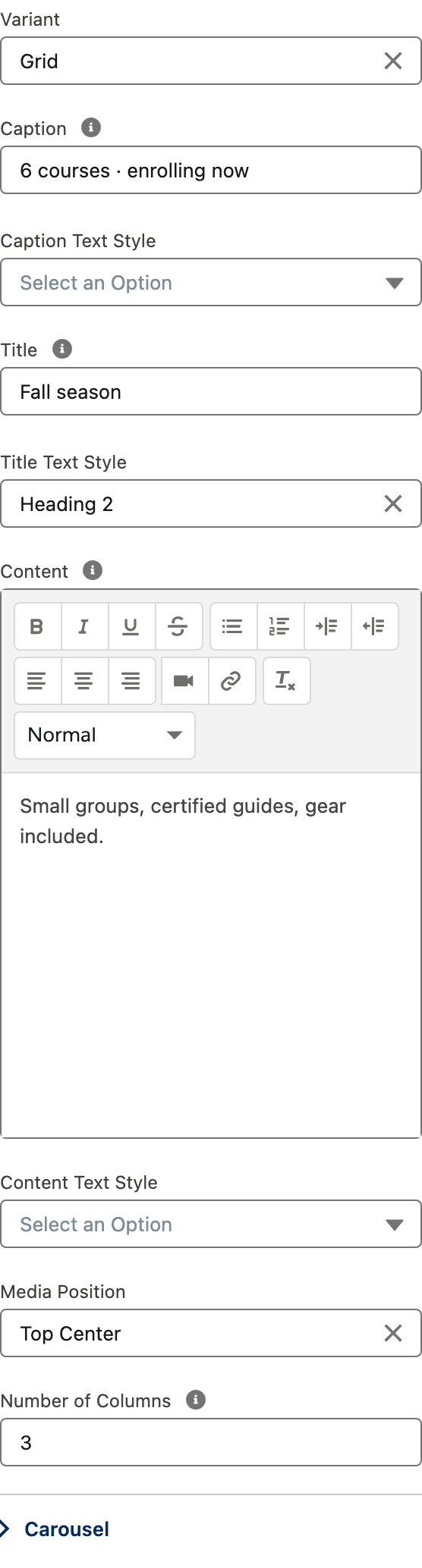 The Settings tab: Variant Grid, Caption, Title Fall season, Title Text Style Heading 2, Content, Media Position Top Center, Number of Columns 3