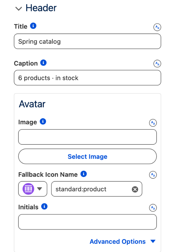 The Header section: Title Spring catalog, Caption 6 products · in stock, Avatar Fallback Icon Name standard:product
