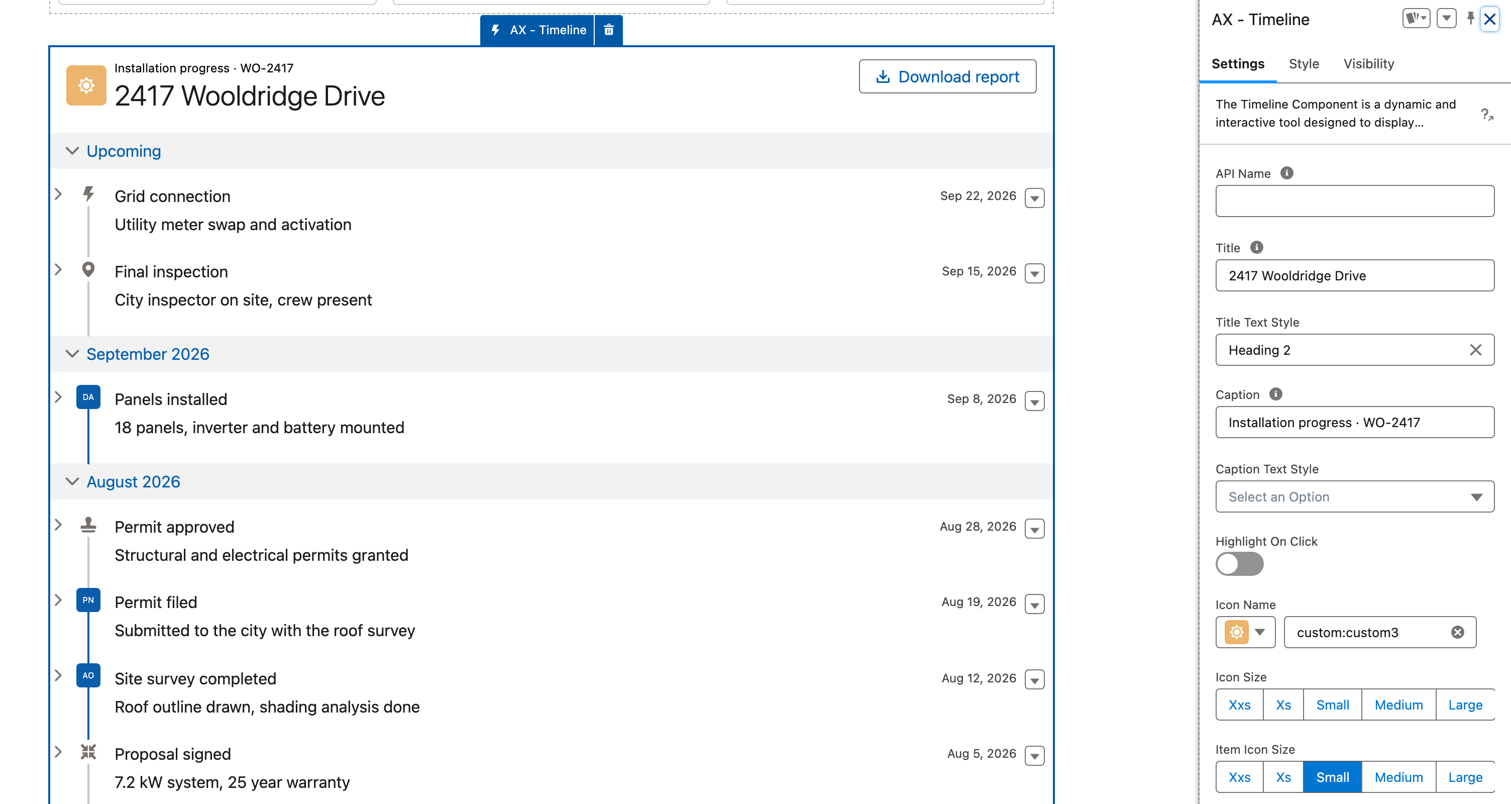 Experience Builder with the Timeline selected on the canvas, the Upcoming group and the seven steps, and the AX - Timeline properties panel open