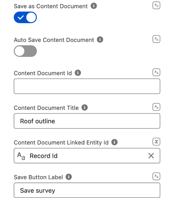 Save as Content Document on, Auto Save Content Document off, Content Document Title Roof outline, Content Document Linked Entity Id mapped to Record Id, Save Button Label Save survey