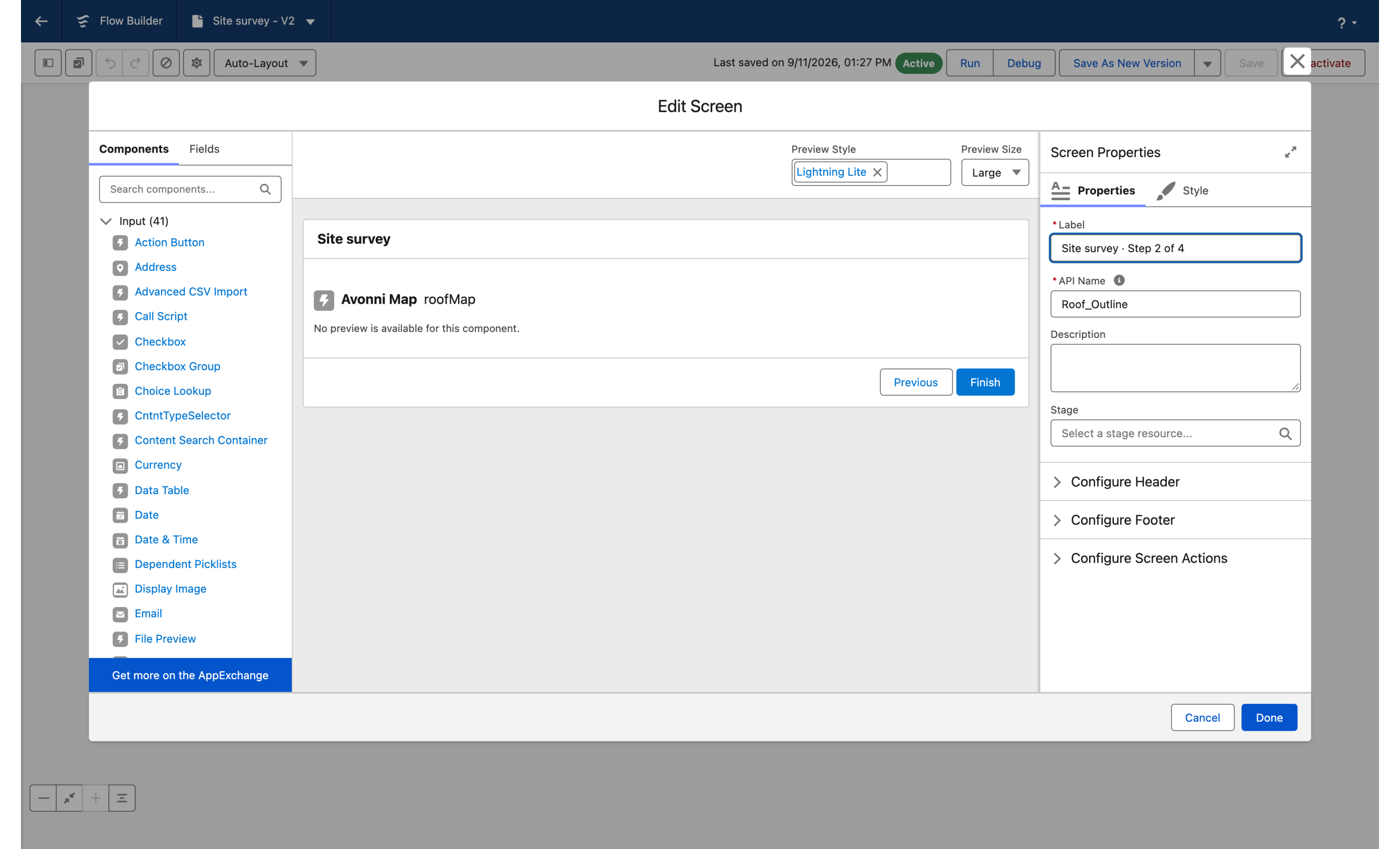 The Edit Screen dialog of the second screen: the Components palette on the left, the Avonni Map on the screen canvas