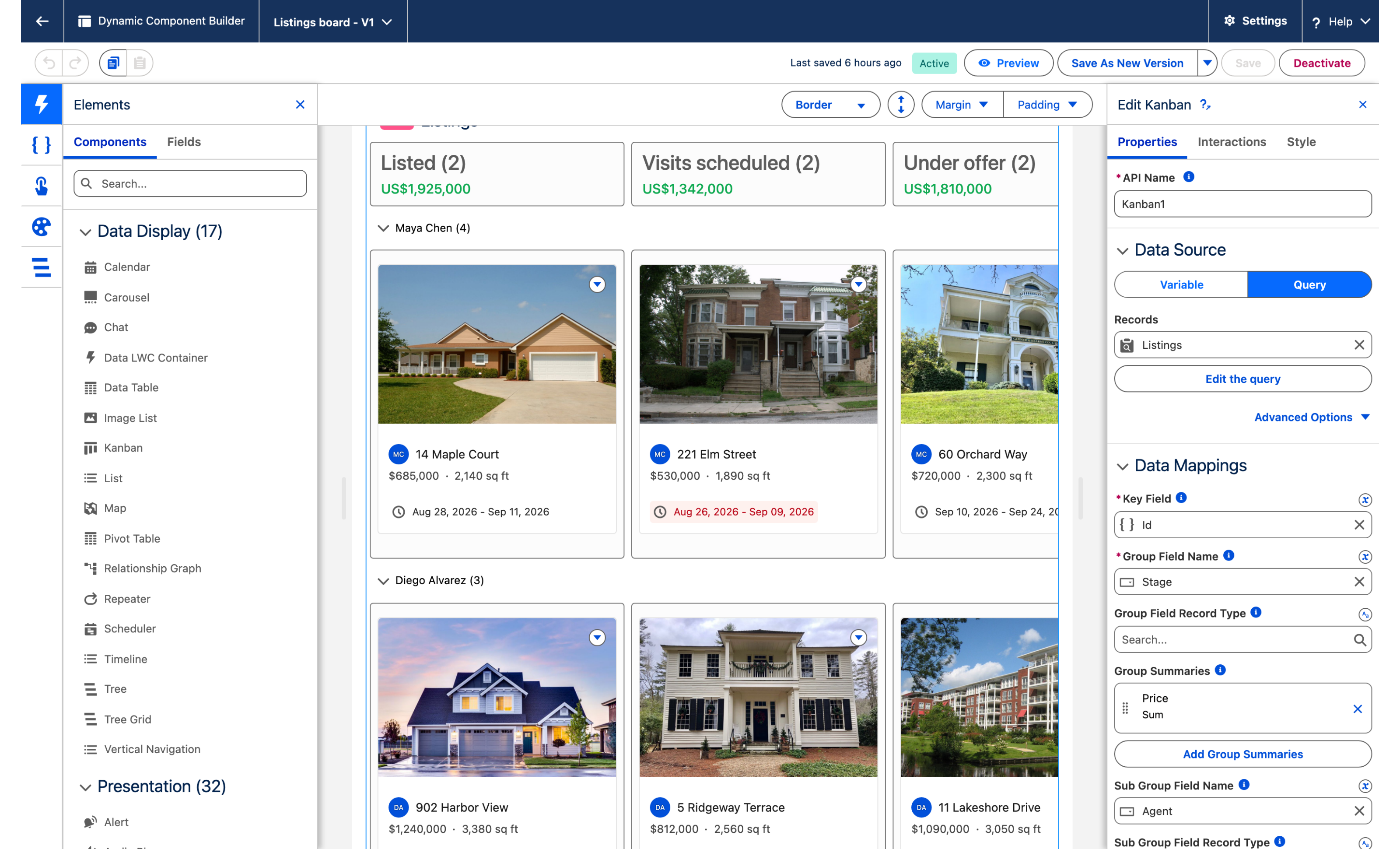 The Dynamic Component builder with the Kanban selected on the canvas and its Edit Kanban panel on the right