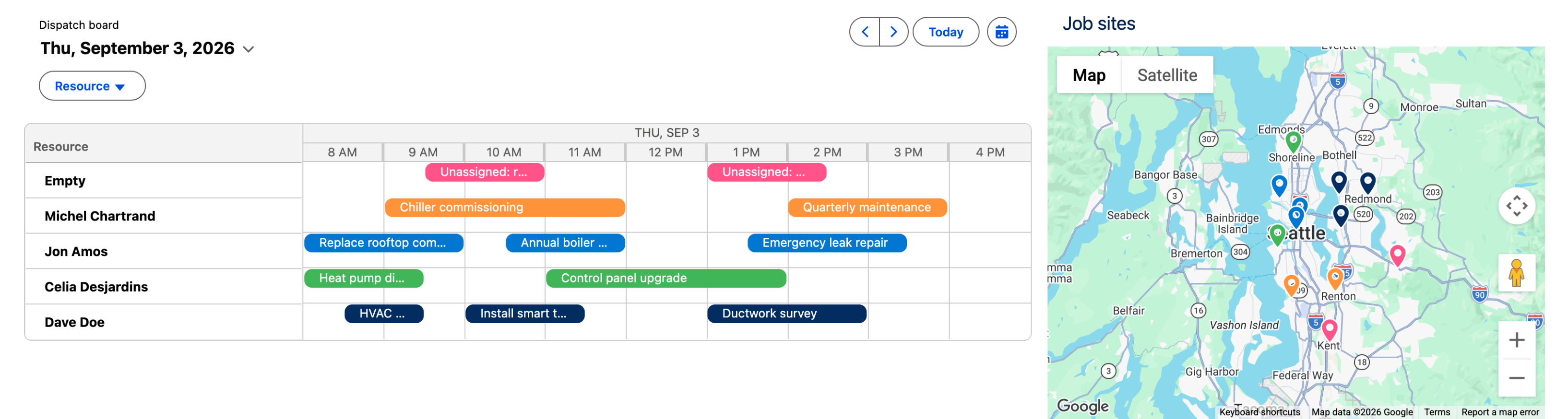A dispatch board: on the left a Scheduler timeline for Thursday September 3 with an unassigned row and four technician rows carrying twelve jobs between 8 AM and 4 PM, on the right a Google map of the Seattle area with one pin per job, each pin in the same colour as that technician's bars on the timeline