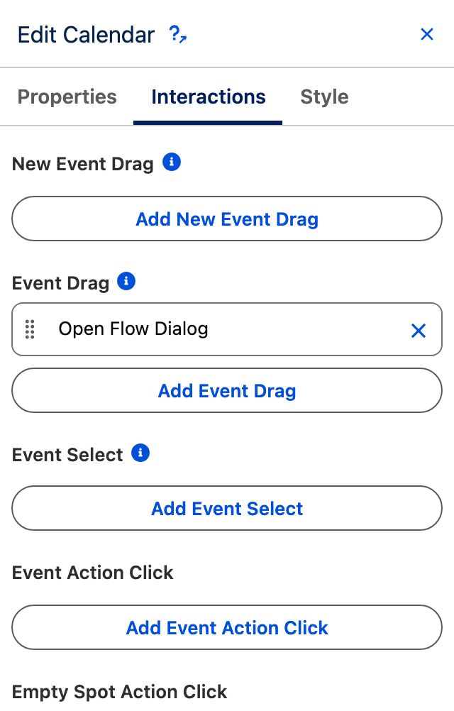 The Scheduler Interactions tab showing Event Drag carrying an Open Flow Dialog action, alongside the New Event Drag, Event Select and Event Action Click triggers