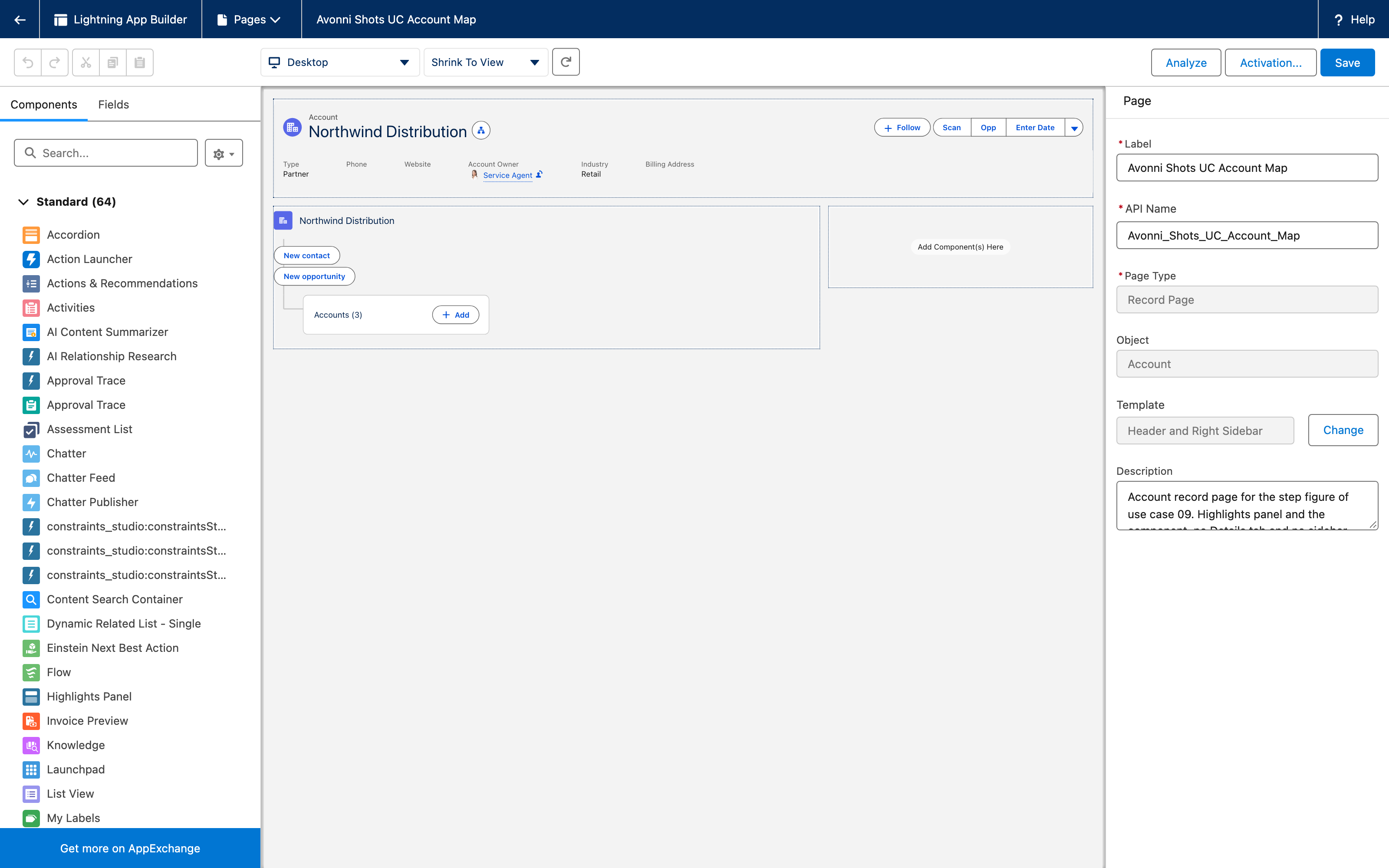 Lightning App Builder on the Account record page: the highlights panel, the Account Map under it, and the page rail on Record Page and Object Account