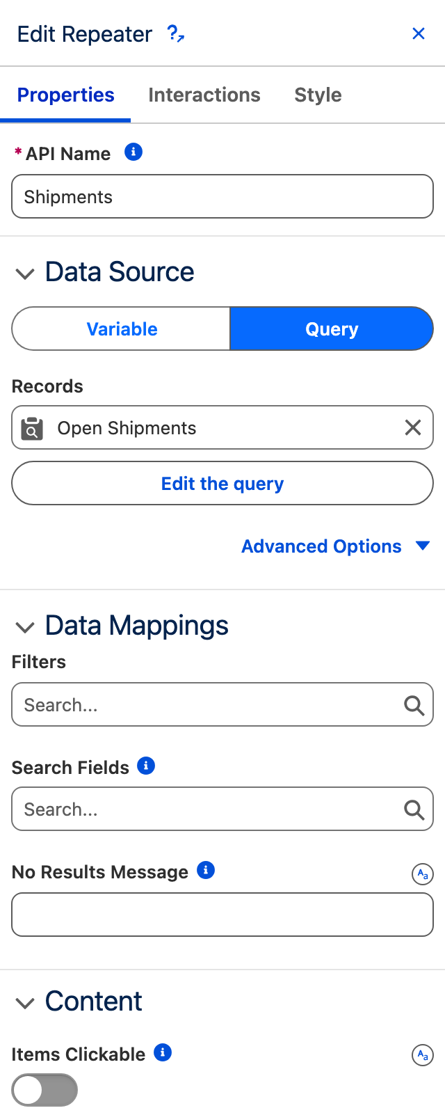 The Edit Repeater panel: API Name Shipments, a Variable and Query data source switch with Query selected, and the Open Shipments query