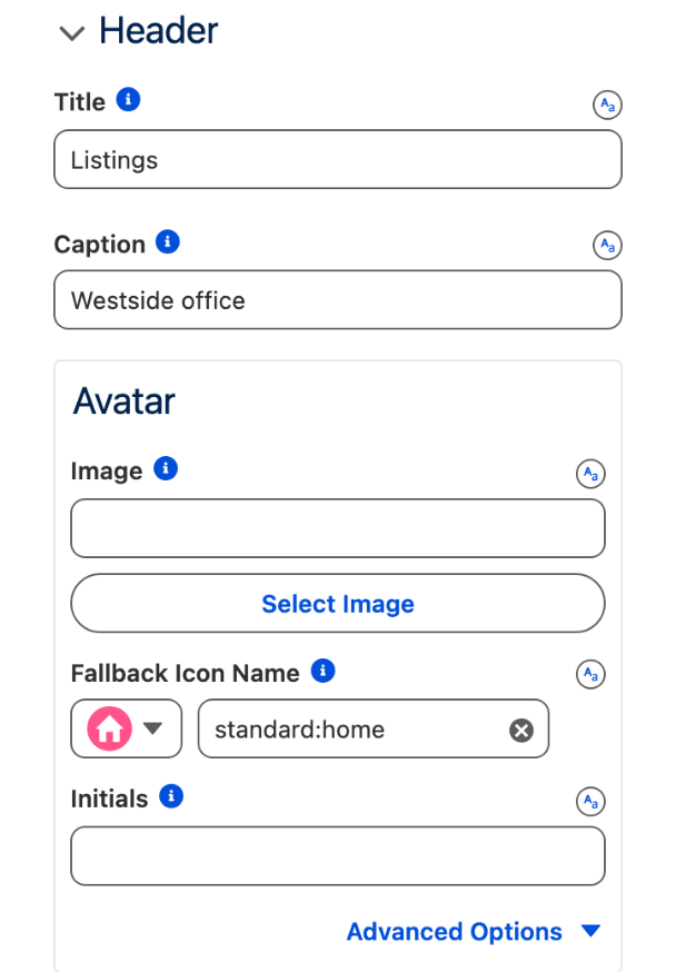 The Header section: Title Listings, Caption Westside office, and the Avatar Fallback Icon Name standard:home
