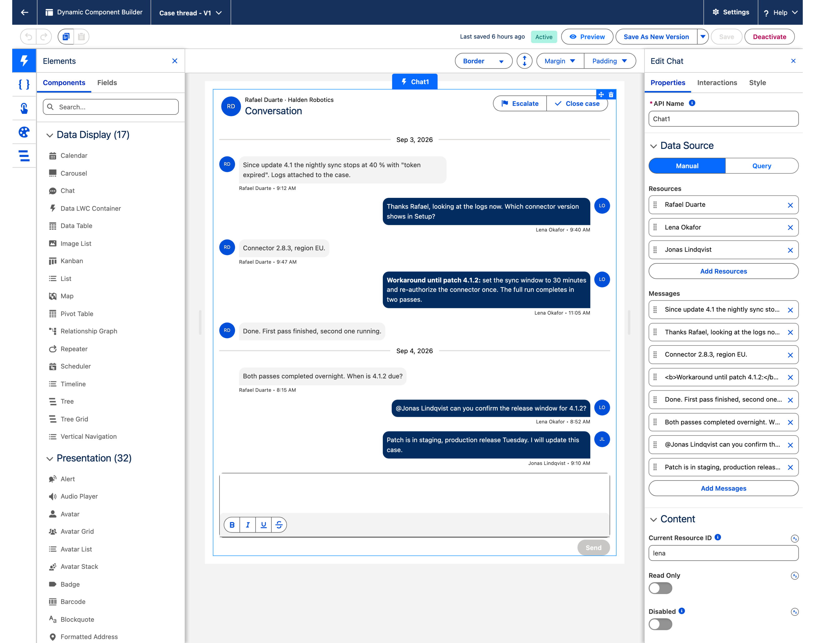 The Dynamic Component builder with the Chat selected on the canvas, the eight messages rendered, and its Edit Chat panel on the right