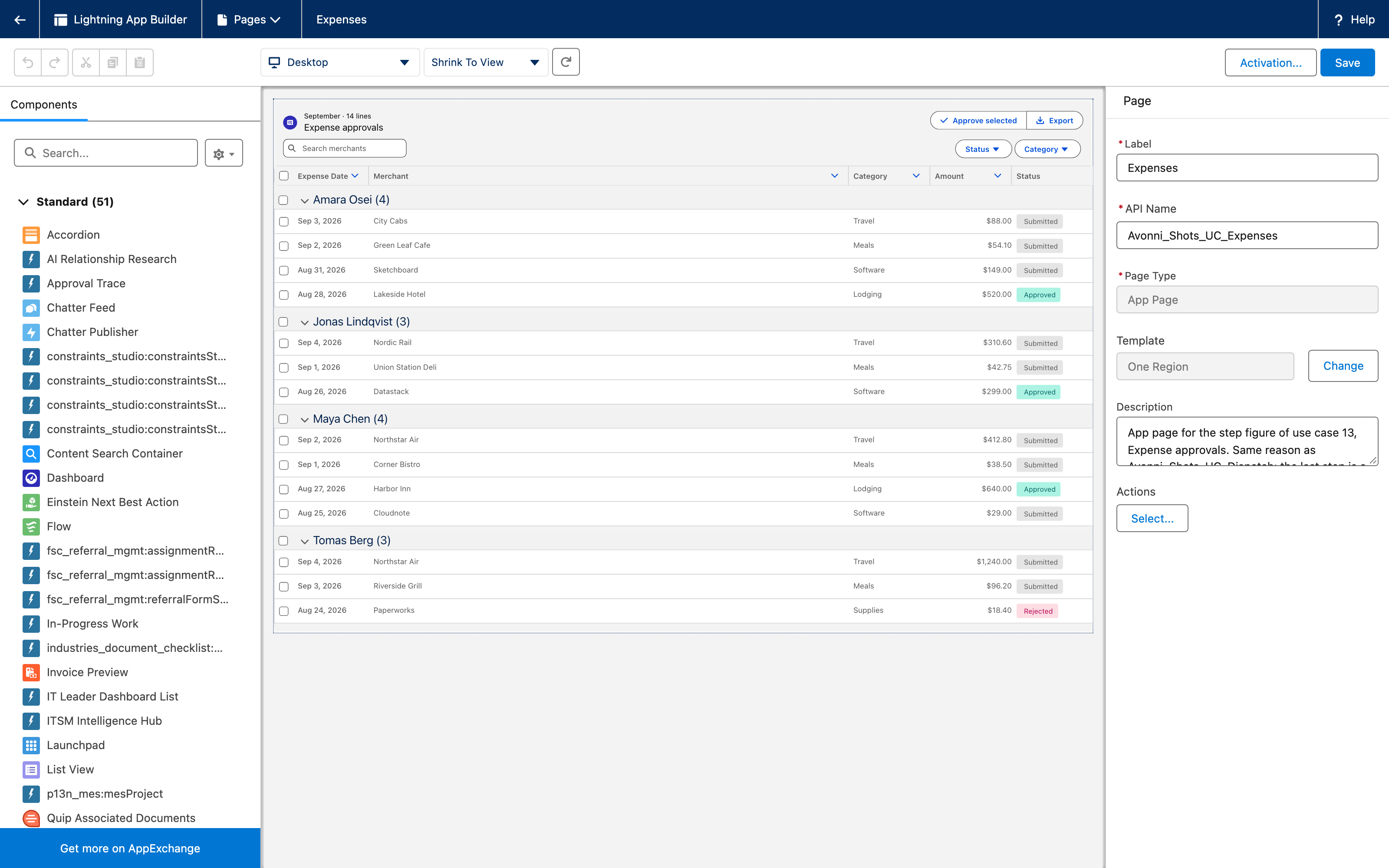 Lightning App Builder with Expense Approvals on a one region app page: four groups with their counts, the status badges, Approve selected and Export