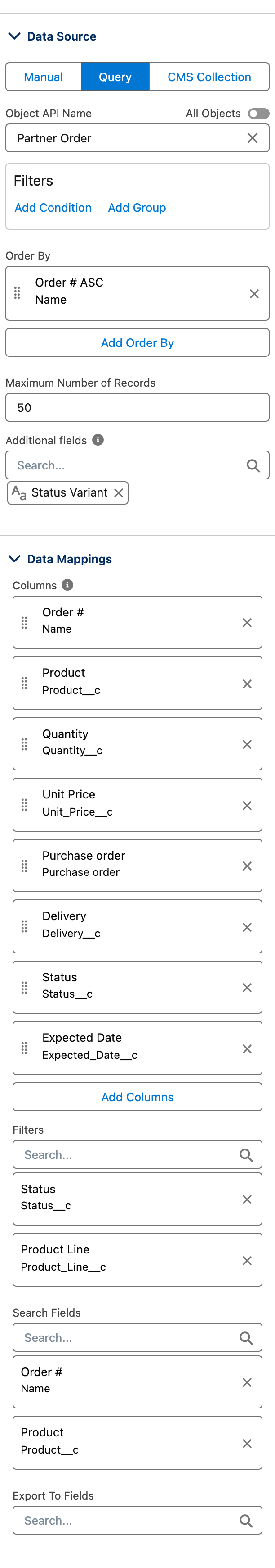The Data Source editor on Query: Object API Name Partner Order, Order By, Additional fields, then Data Mappings with the eight columns, the two filters and the two search fields