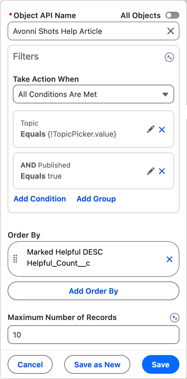 The query editor showing the article object, a filter of Topic Equals TopicPicker.value AND Published Equals true, an order by on the helpful count, and a maximum of 10 records