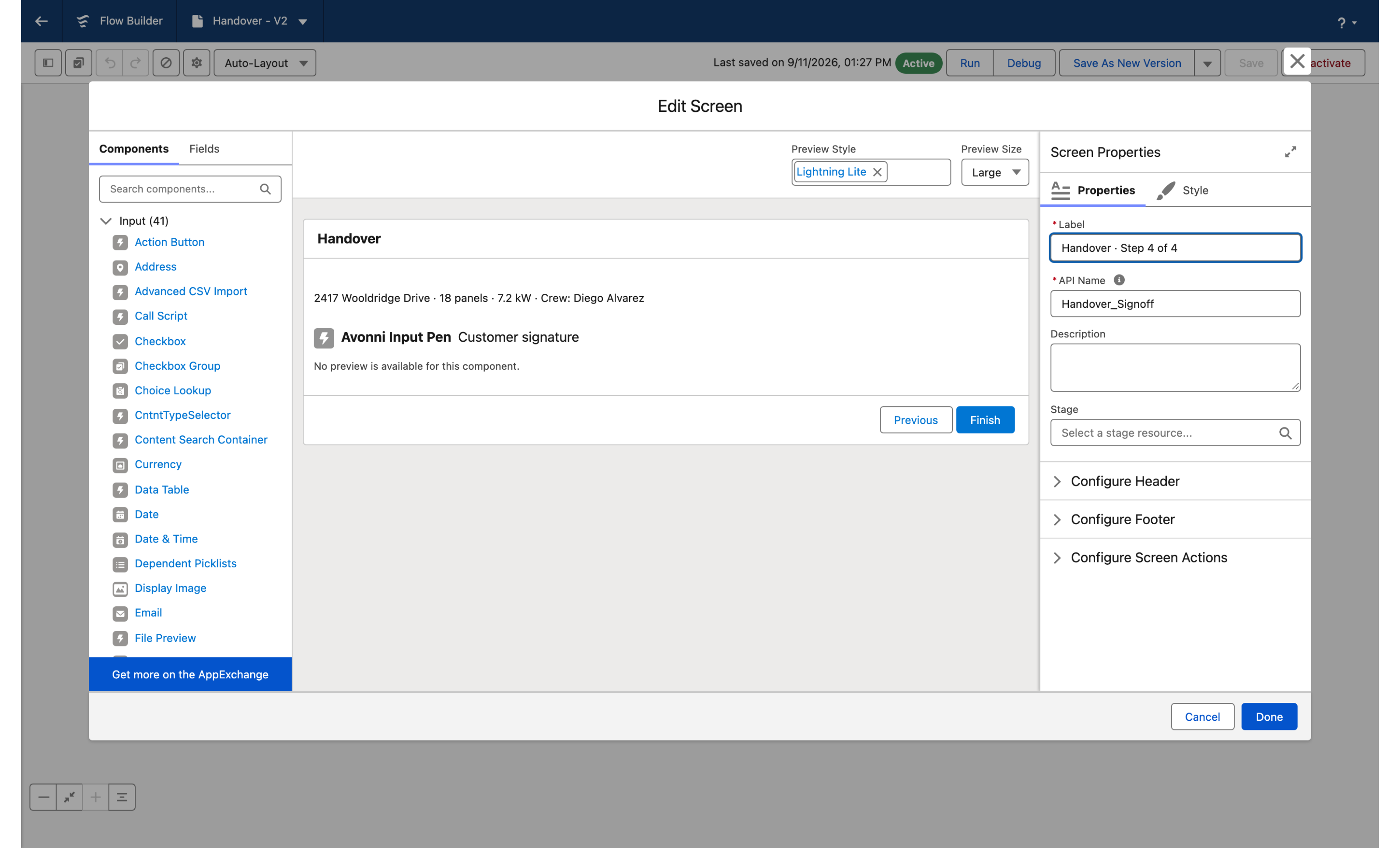 The Edit Screen dialog of the fourth screen: the Components palette on the left, the Display Text and the Avonni Input Pen on the screen canvas