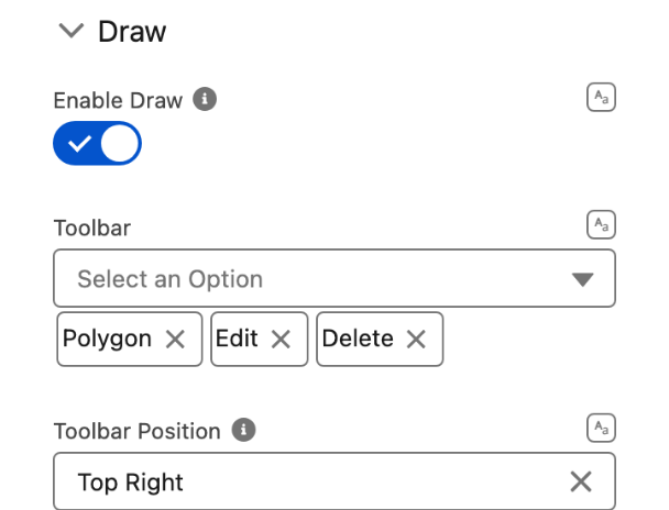 The Draw section: Enable Draw on, the Toolbar with Polygon, Edit and Delete, Toolbar Position Top Right